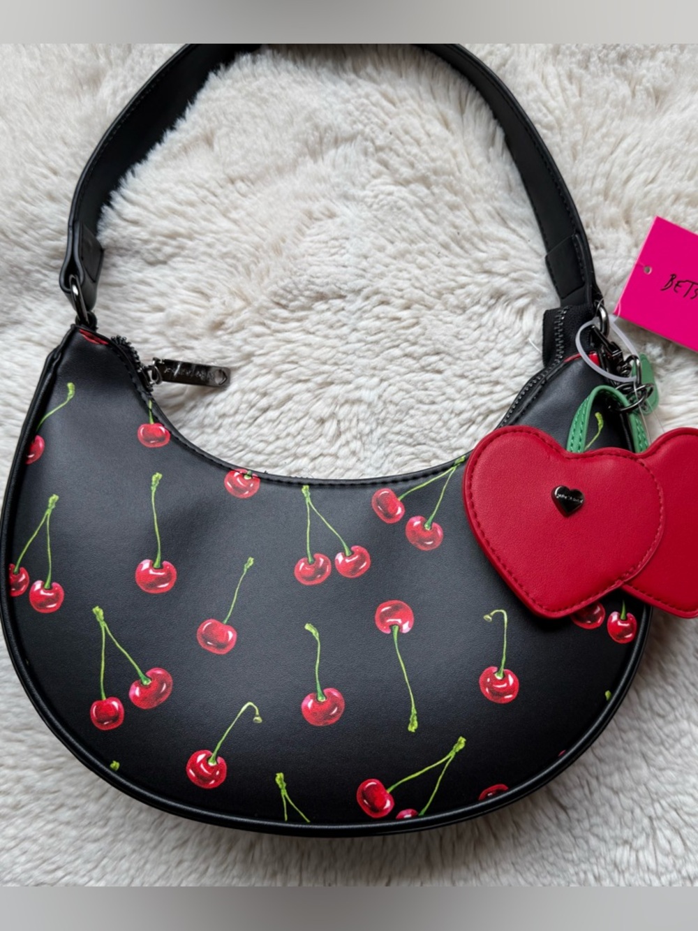 Betsey Johnson NWT Cherry Print Black Shoulder Bag with Red Heart Charm